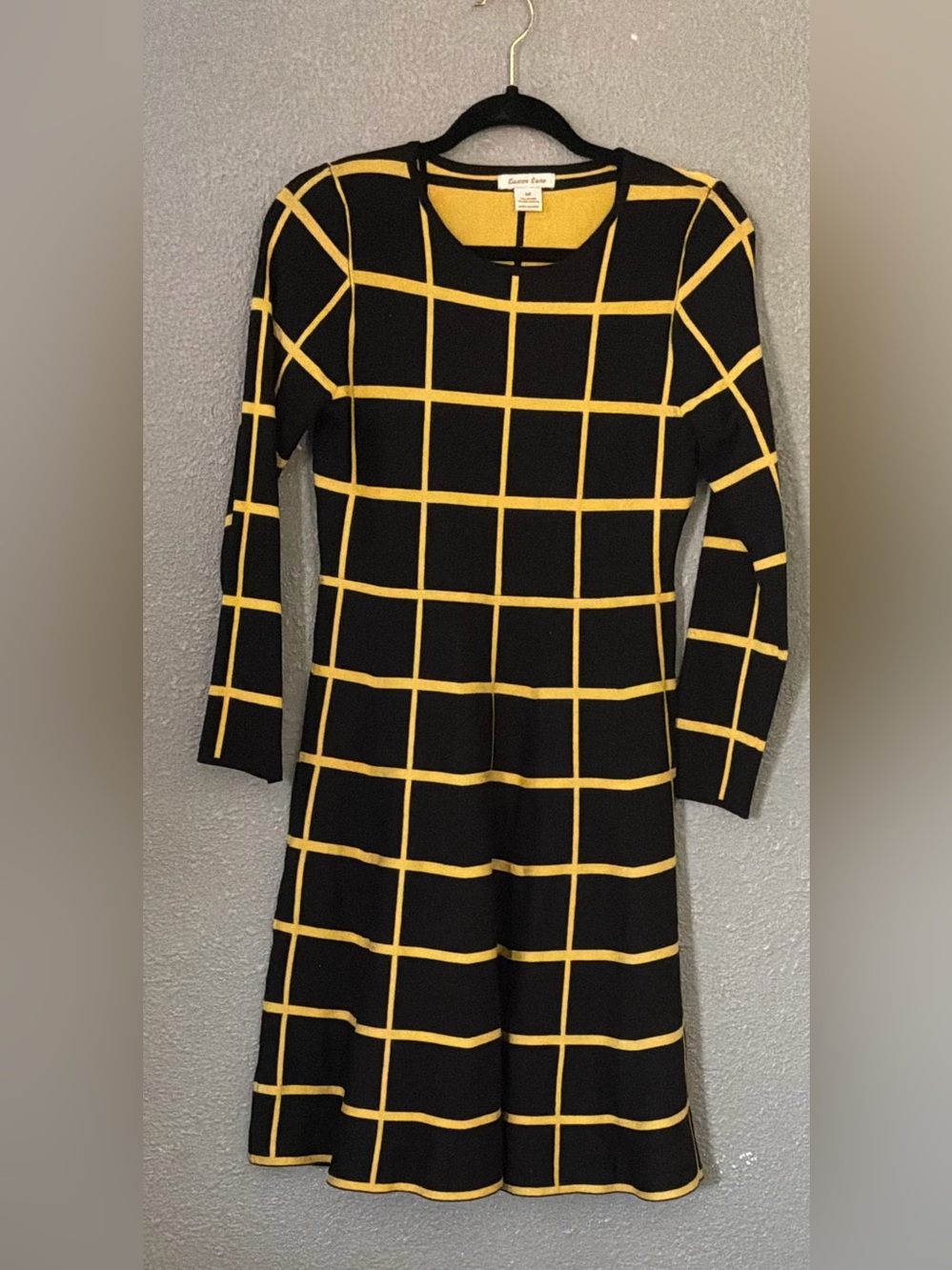 Black & Yellow Windowpane Long Sleeve Dress